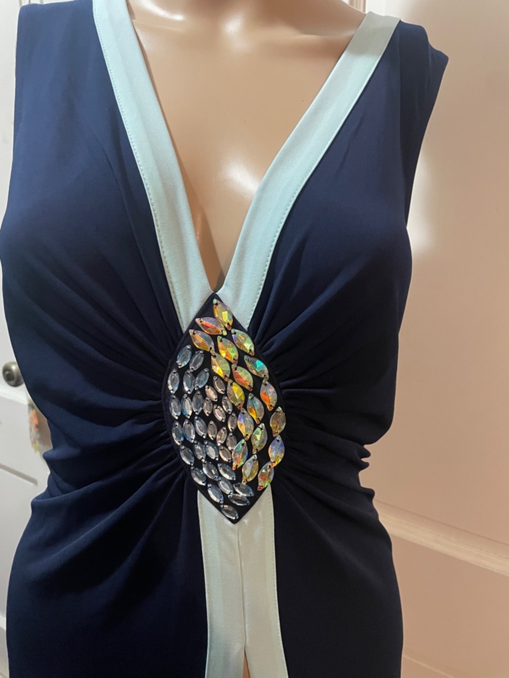 VENUS Navy Maxi Dress with Mint Trim and Jewel Medallion